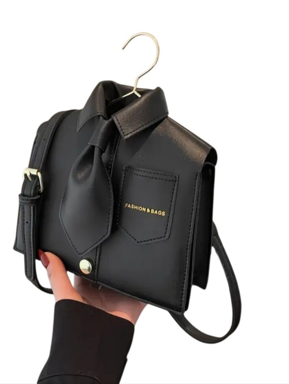 Black Shirt-Style Crossbody Bag with Tie
